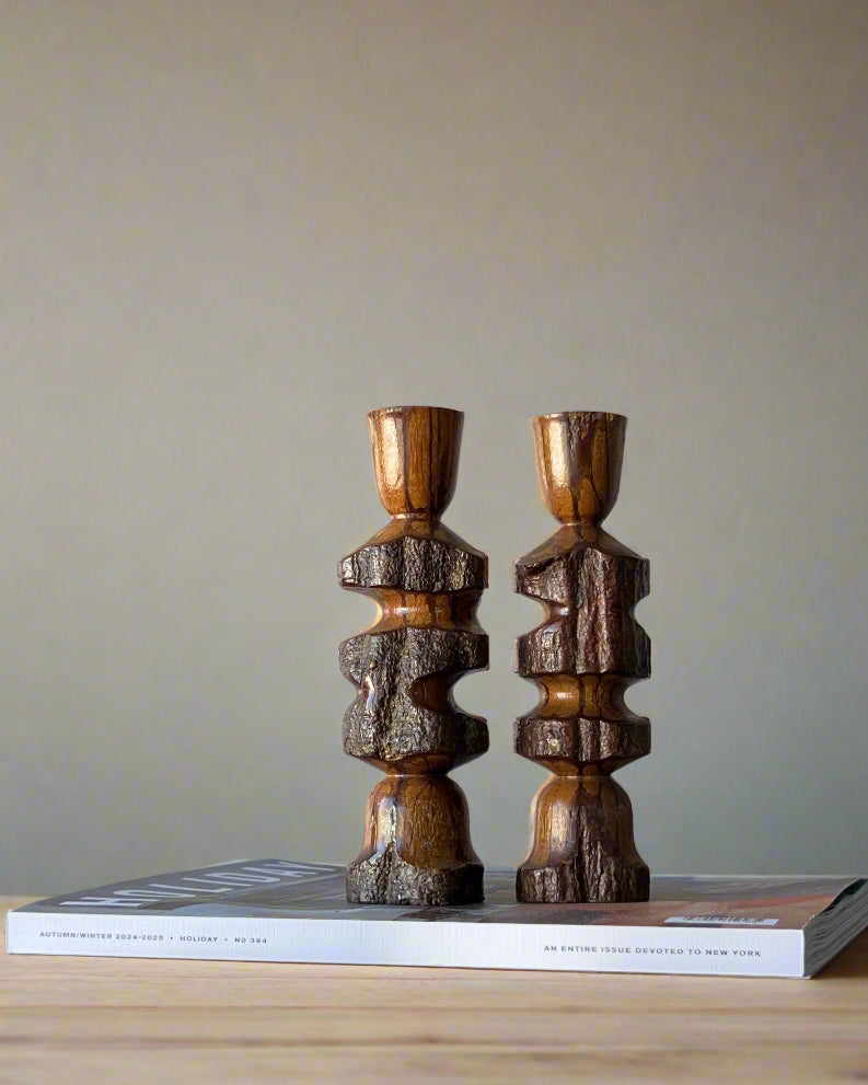 Brutalist Carved Wood Candlesticks