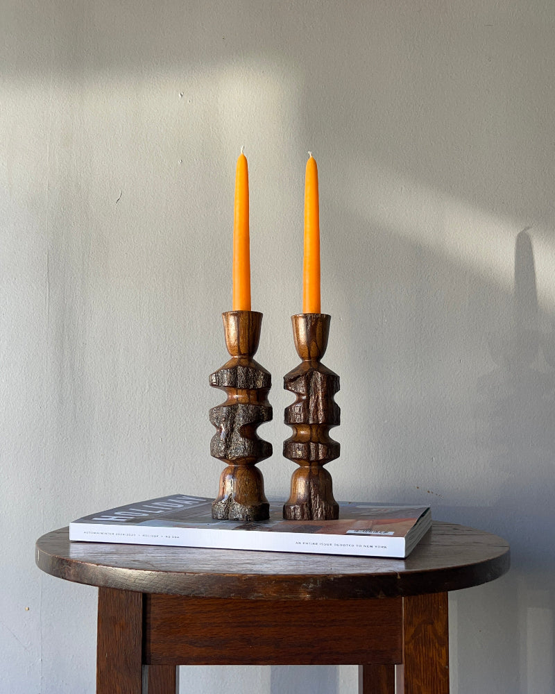 Brutalist Carved Wood Candlesticks