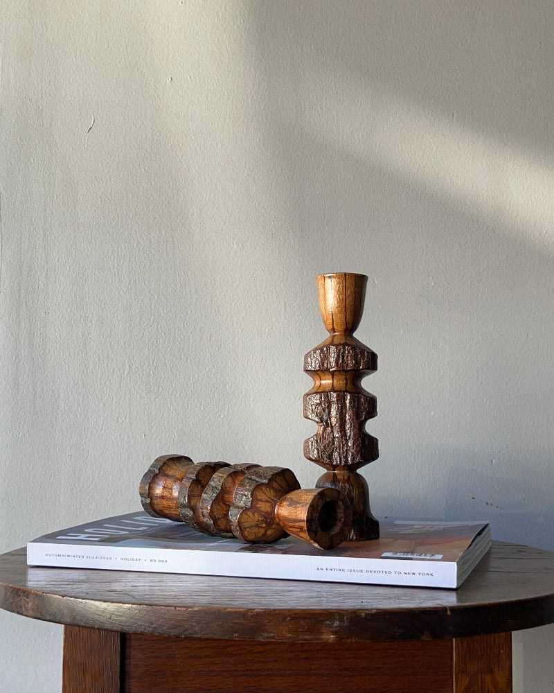 Brutalist Carved Wood Candlesticks