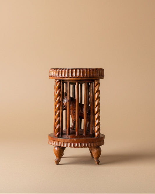 Carved Wood Sculpture of Caged Tiger
