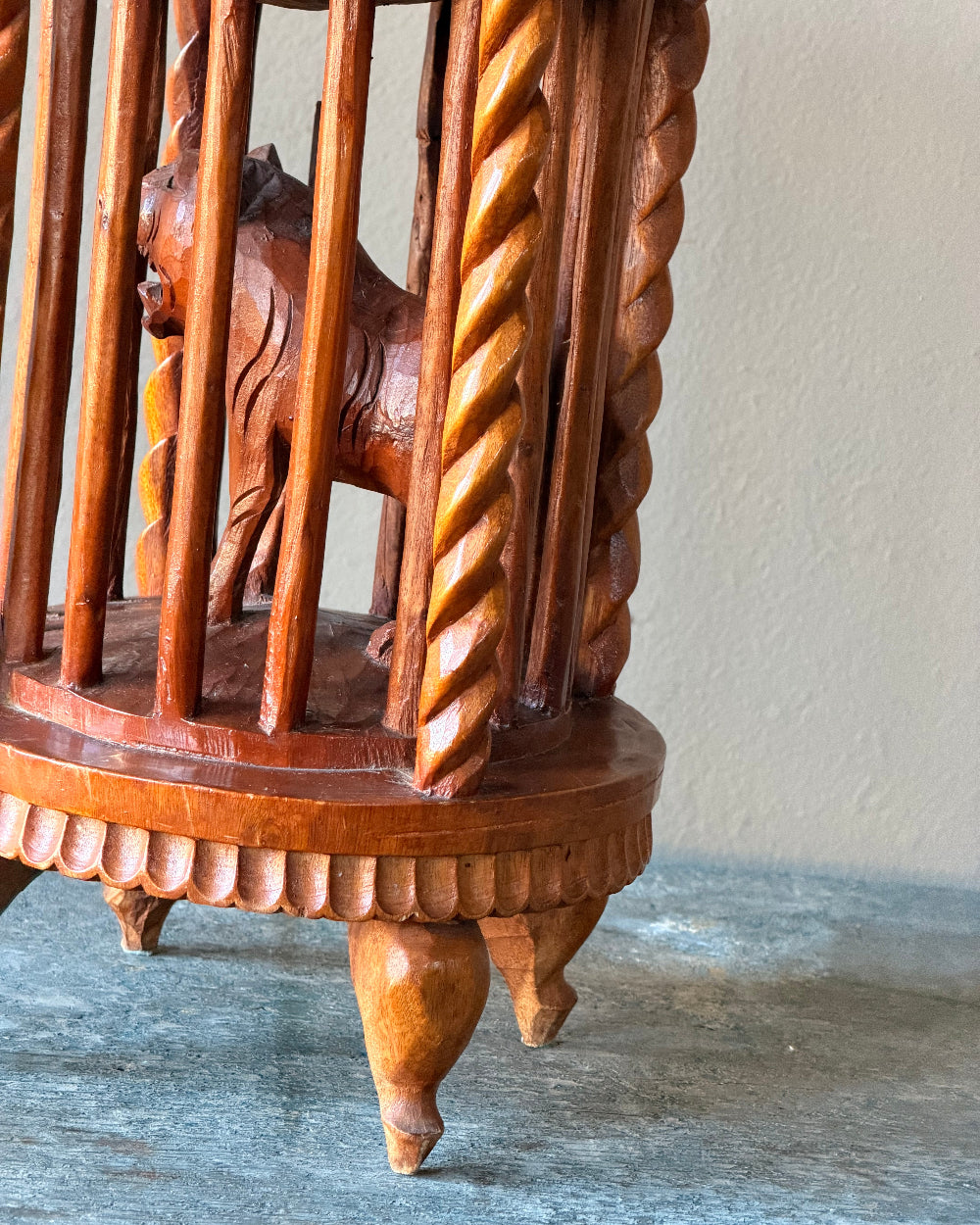 Carved Wood Sculpture of Caged Tiger
