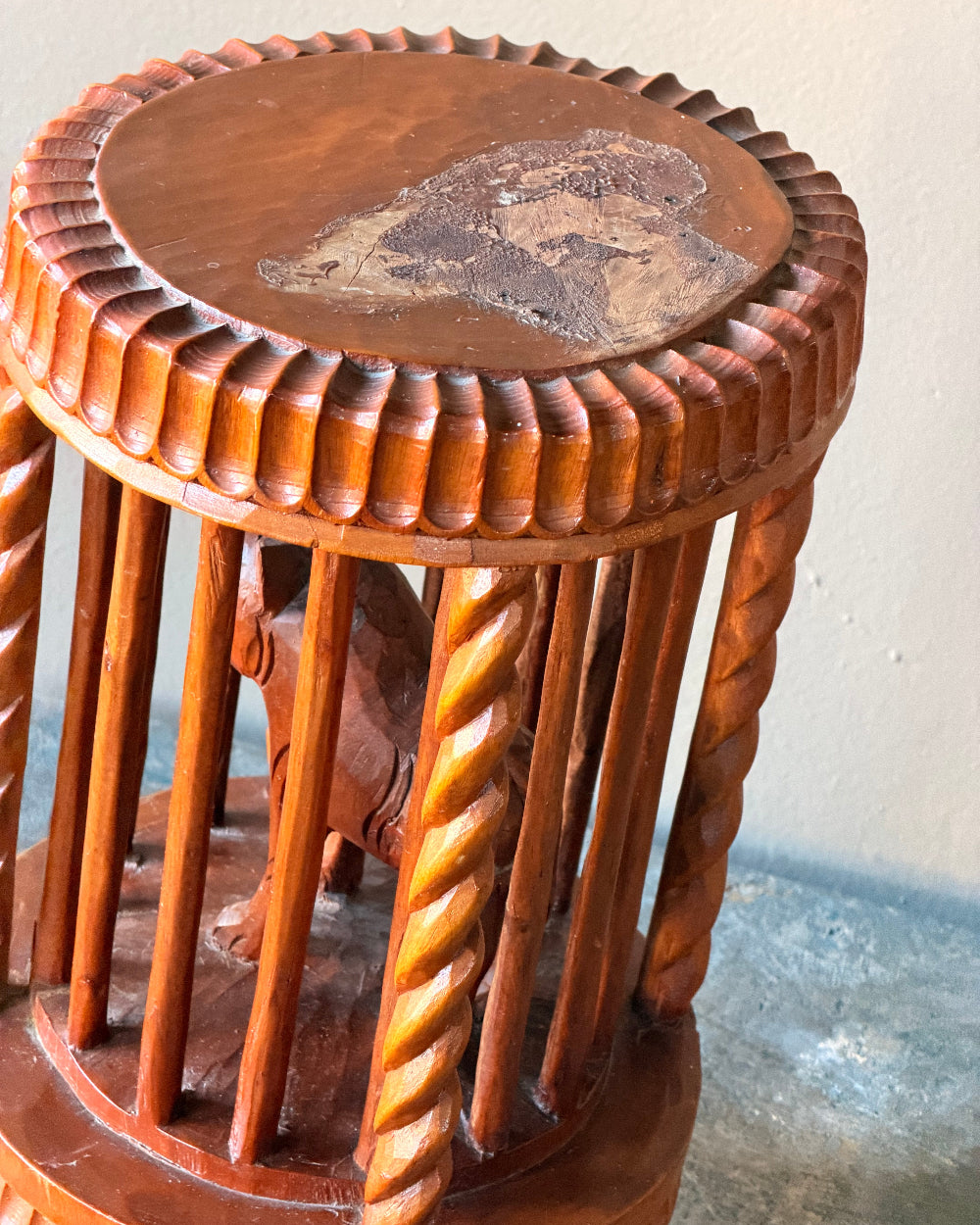 Carved Wood Sculpture of Caged Tiger