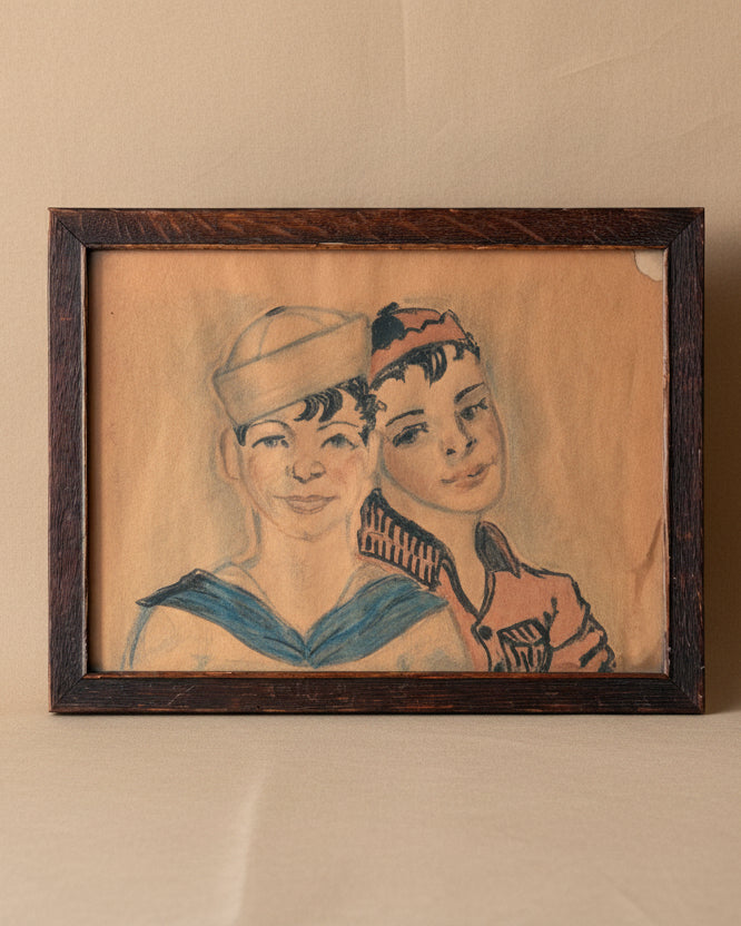 Framed Pastel Portrait of Two Boys