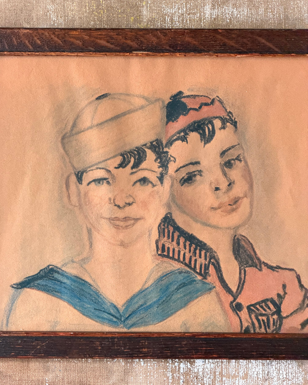 Framed Pastel Portrait of Two Boys