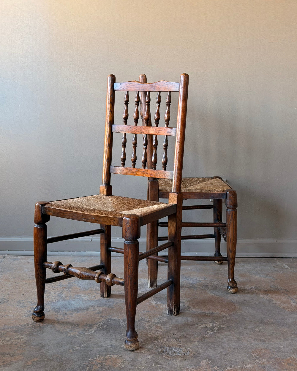 Antique Lancashire Spindle Back Chairs | Pair