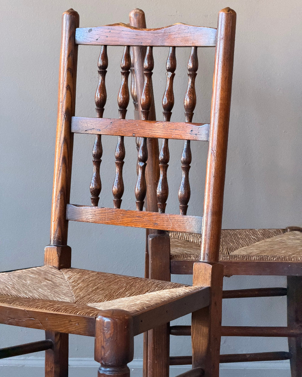 Antique Lancashire Spindle Back Chairs | Pair