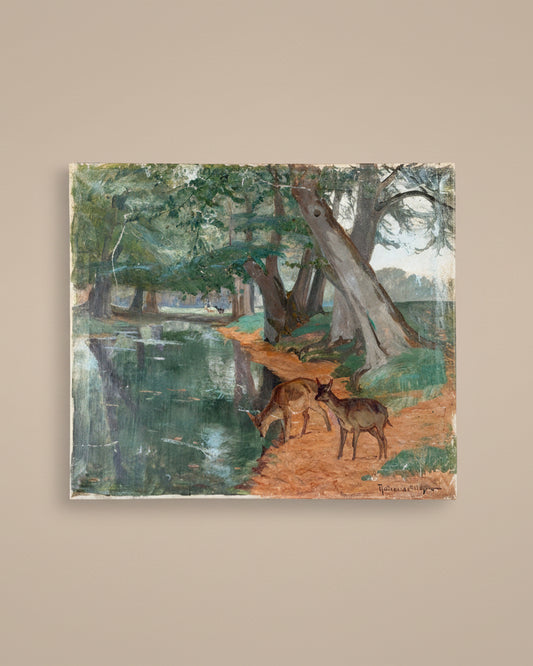 Oil Painting of Deer Drinking Water