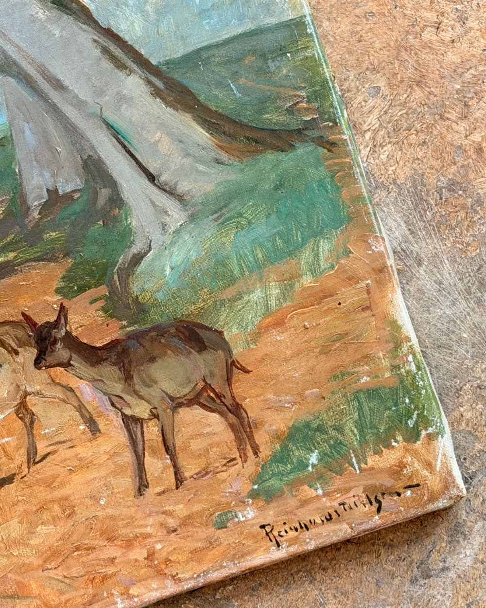 Oil Painting of Deer Drinking Water