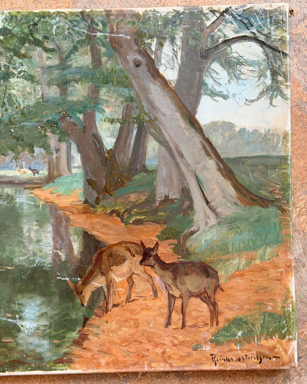 Oil Painting of Deer Drinking Water