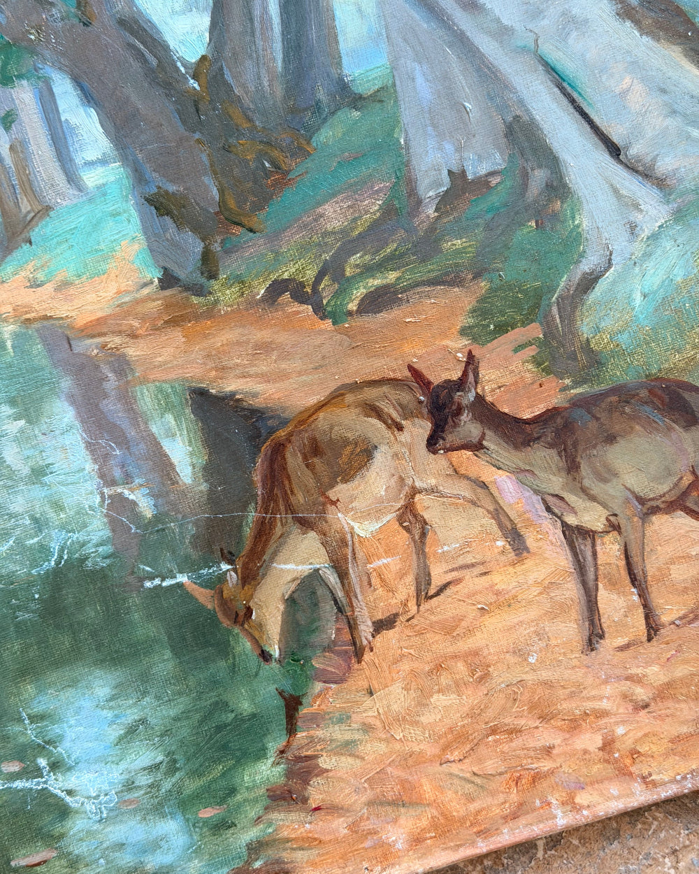 Oil Painting of Deer Drinking Water