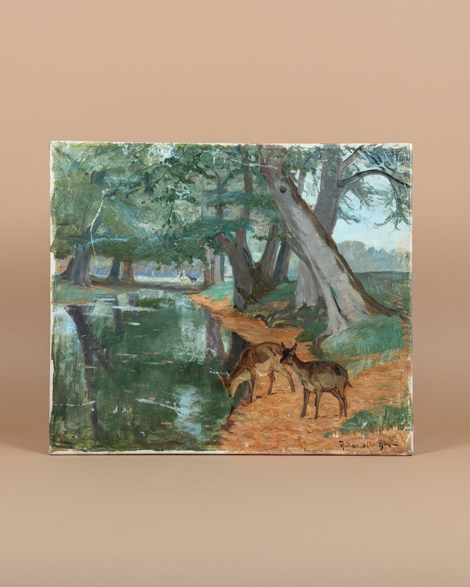 Oil Painting of Deer Drinking Water